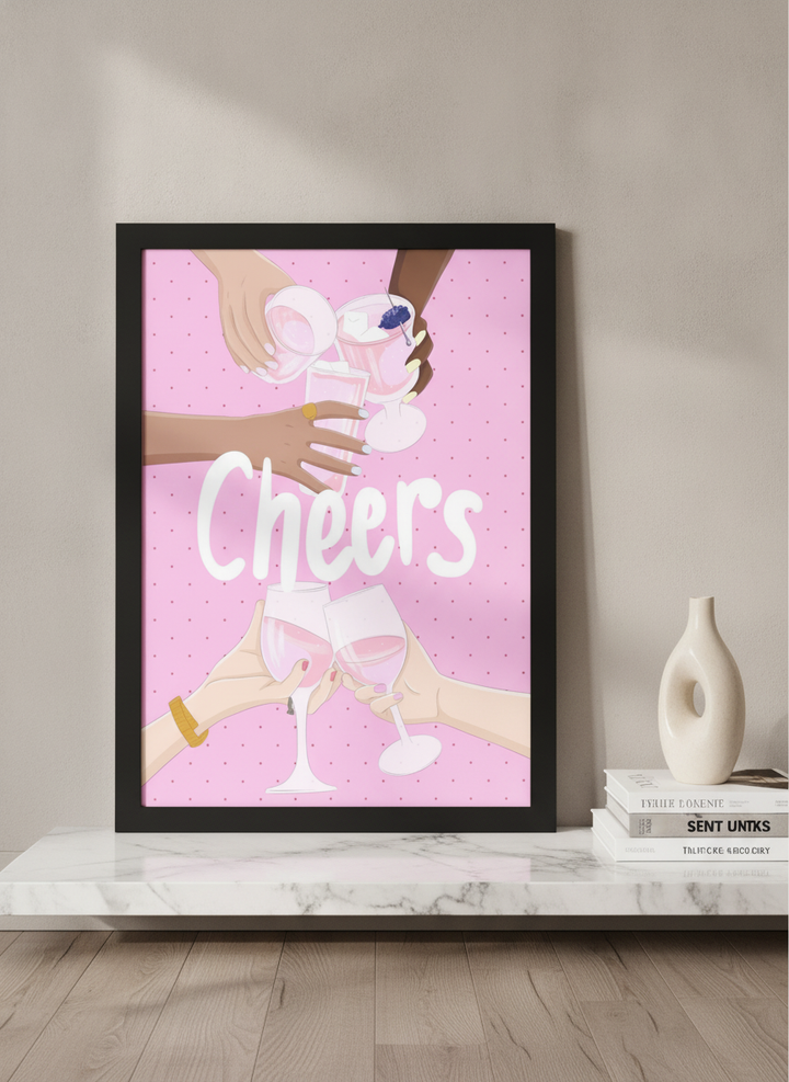 Modern wall art print standing on a kitchen bench in a luxe kitchen