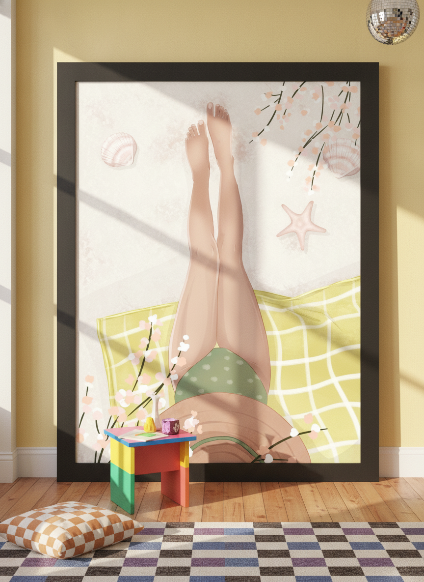 Oversized statement modern wall art print leaning against the wall in a colourful eclectic living room
