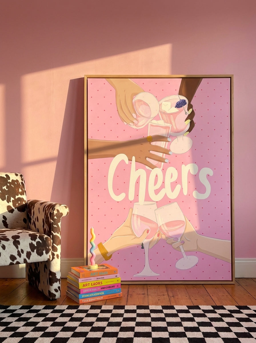 Oversized statement canvas wall art with a natural timber surround leaning against the wall in a colourful eclectic bedroom