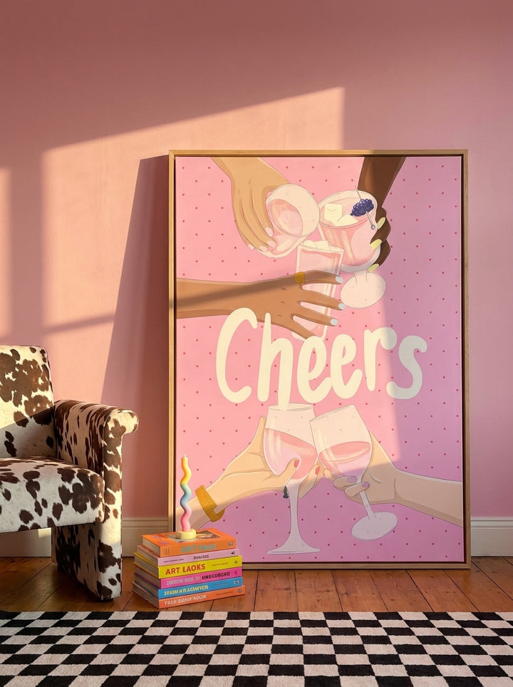 Oversized statement canvas wall art with a natural timber surround leaning against the wall in a colourful eclectic bedroom
