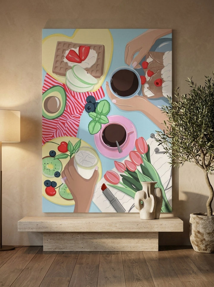 Stretched canvas wall art styled on the wall in a luxe living room