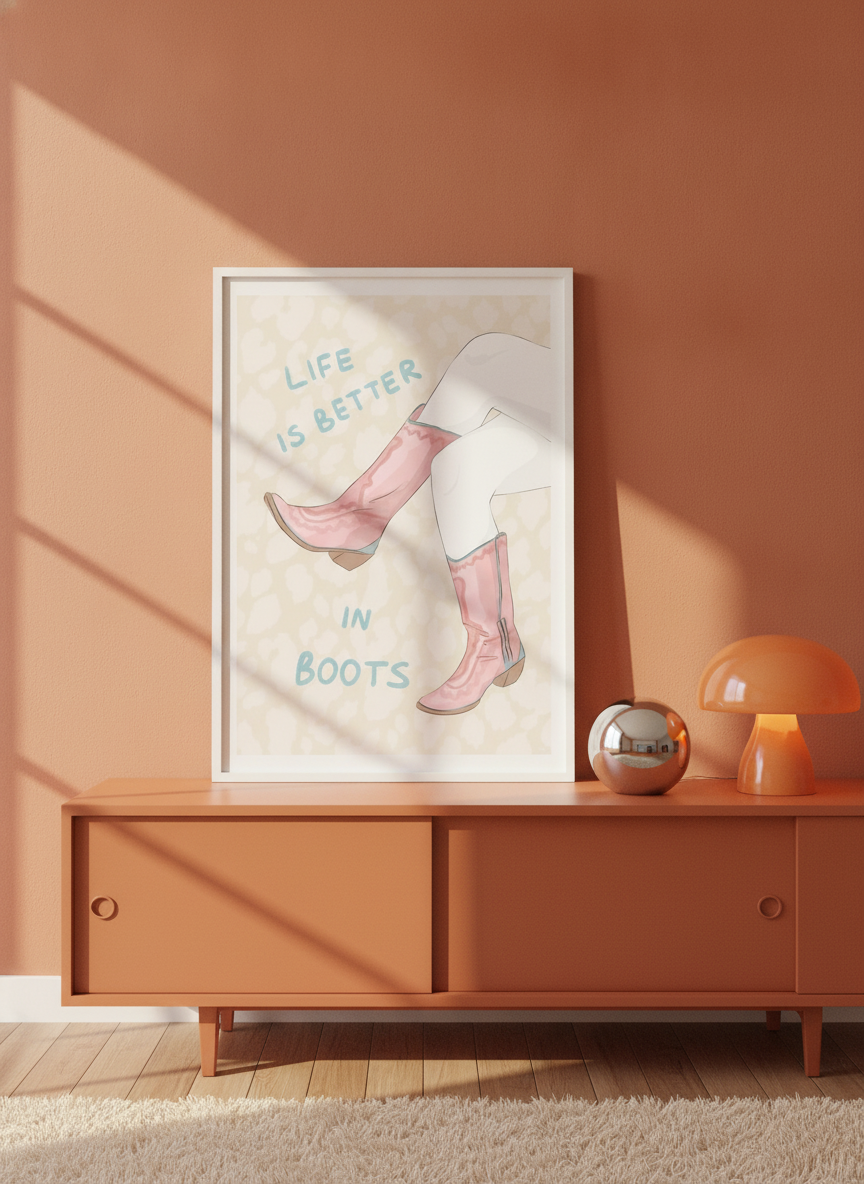 Modern wall art print standing on a sideboard in a retro 70s living room