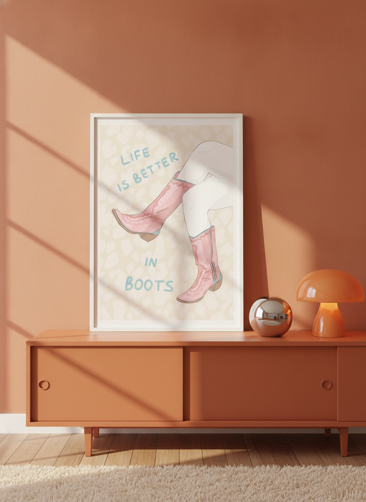 Modern wall art print standing on a sideboard in a retro 70s living room