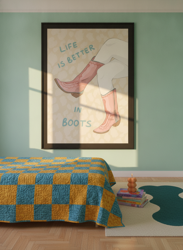 Oversized statement modern wall art print styled on the wall in a colourful eclectic bedroom