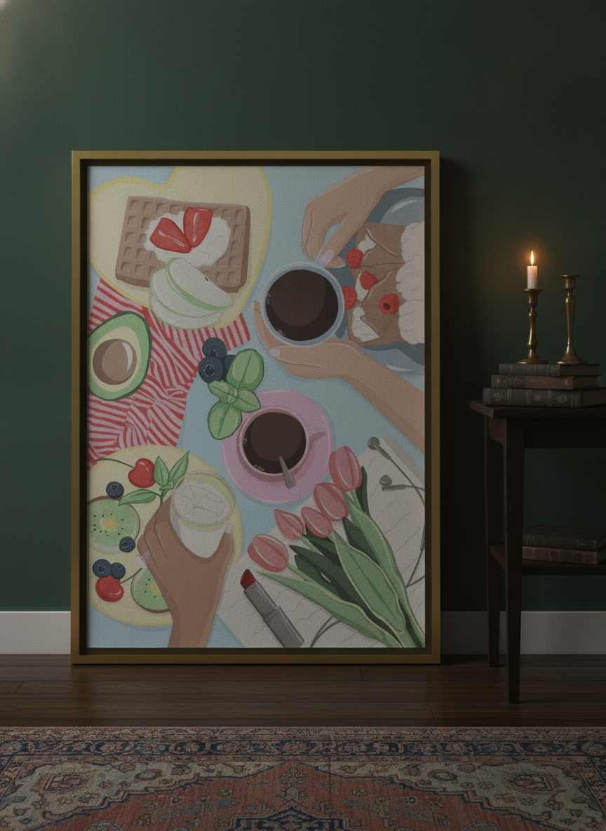 Canvas wall art with a gold leaf surround leaning against the wall in a moody living room