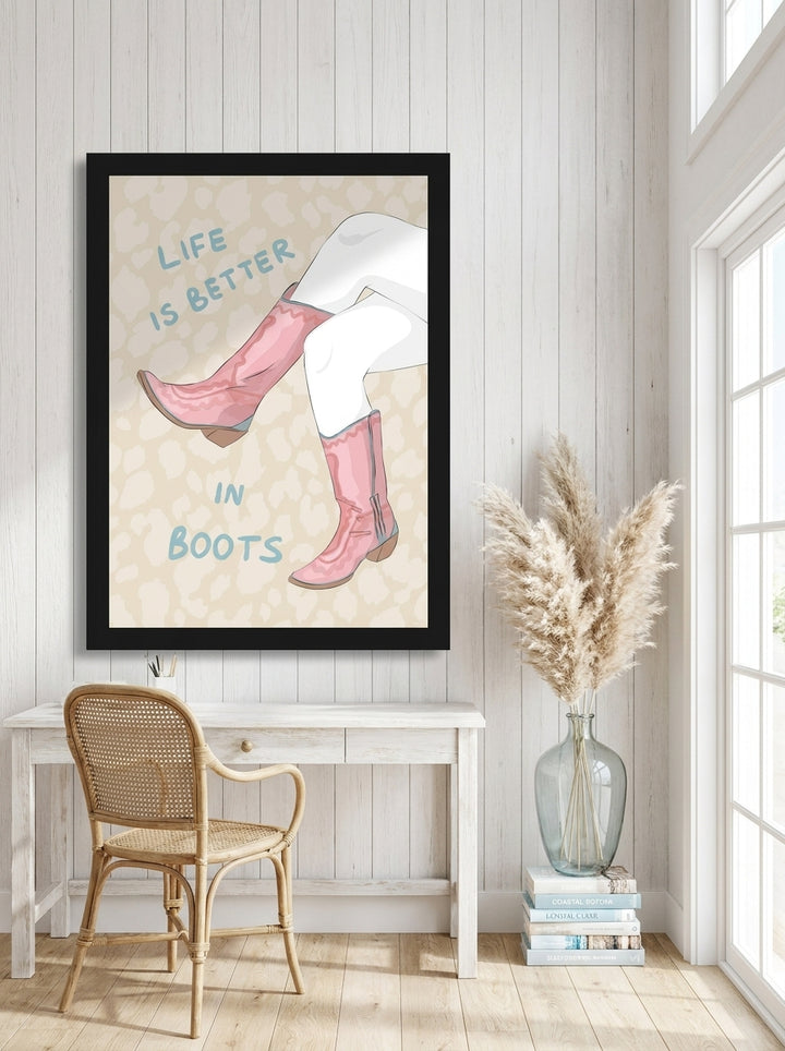 Oversized statement modern wall art print styled on the wall in a coastal home office