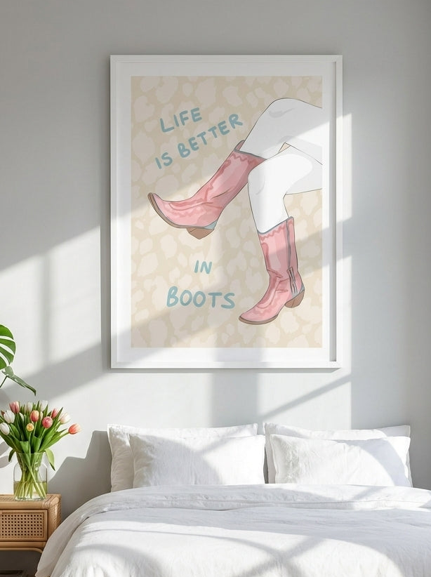 Modern wall art print styled on the wall in a bright Scandinavian bedroom
