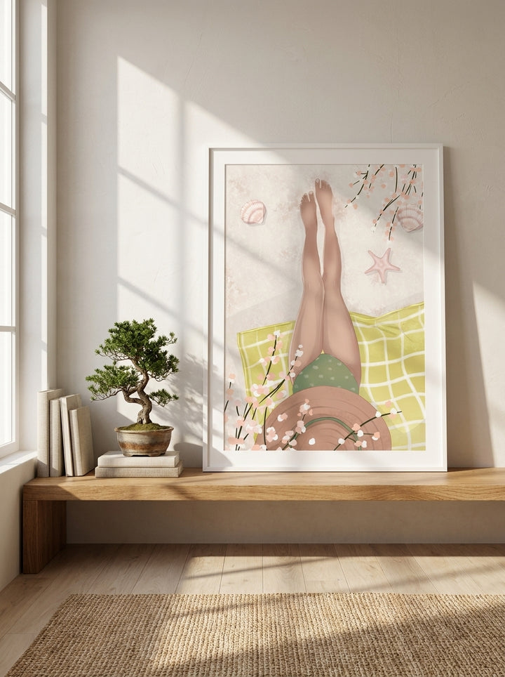 Modern wall art print standing on a shelf in a warm Japandi bathroom