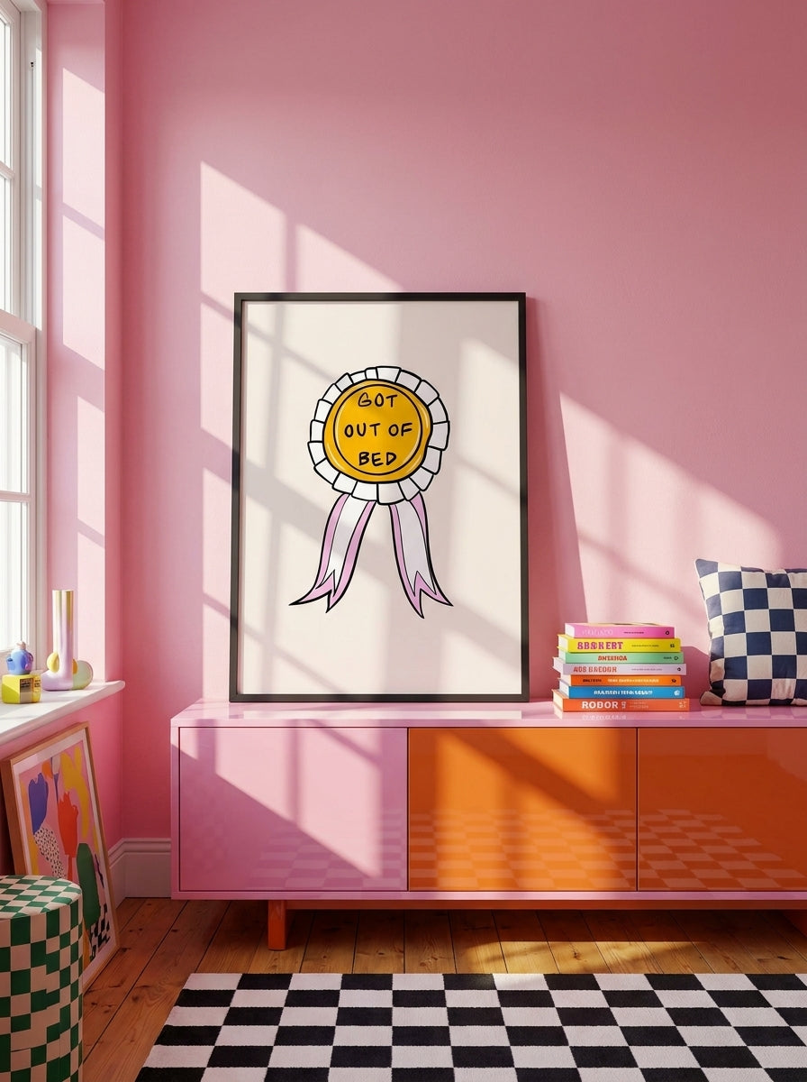 Modern wall art print standing on a sideboard in a colourful eclectic home office