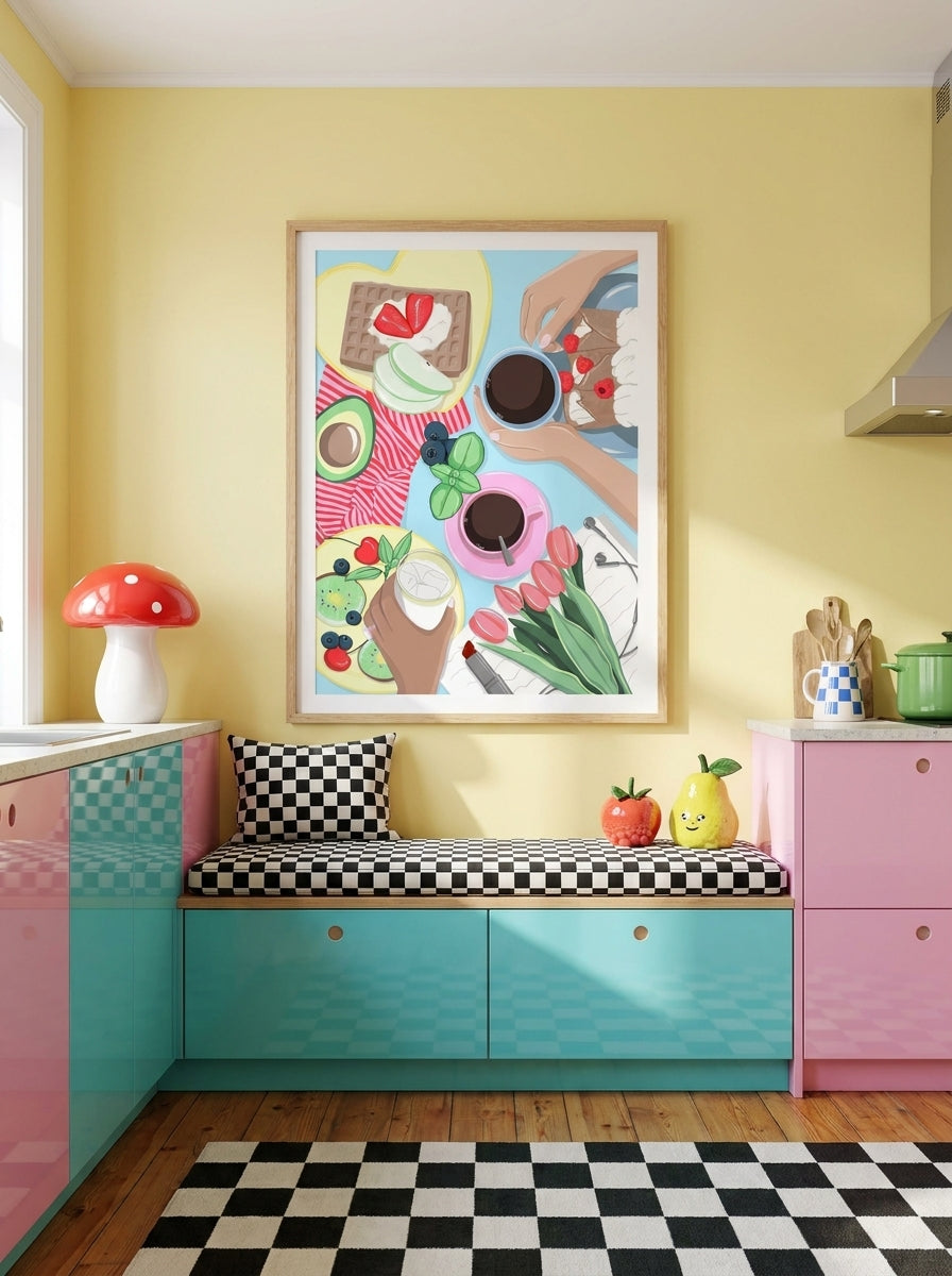 Modern wall art print styled on the wall in a colourful eclectic kitchen