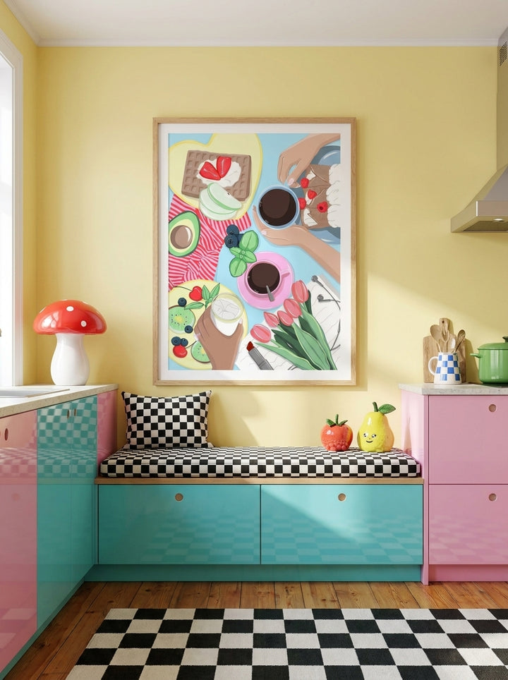 Modern wall art print styled on the wall in a colourful eclectic kitchen