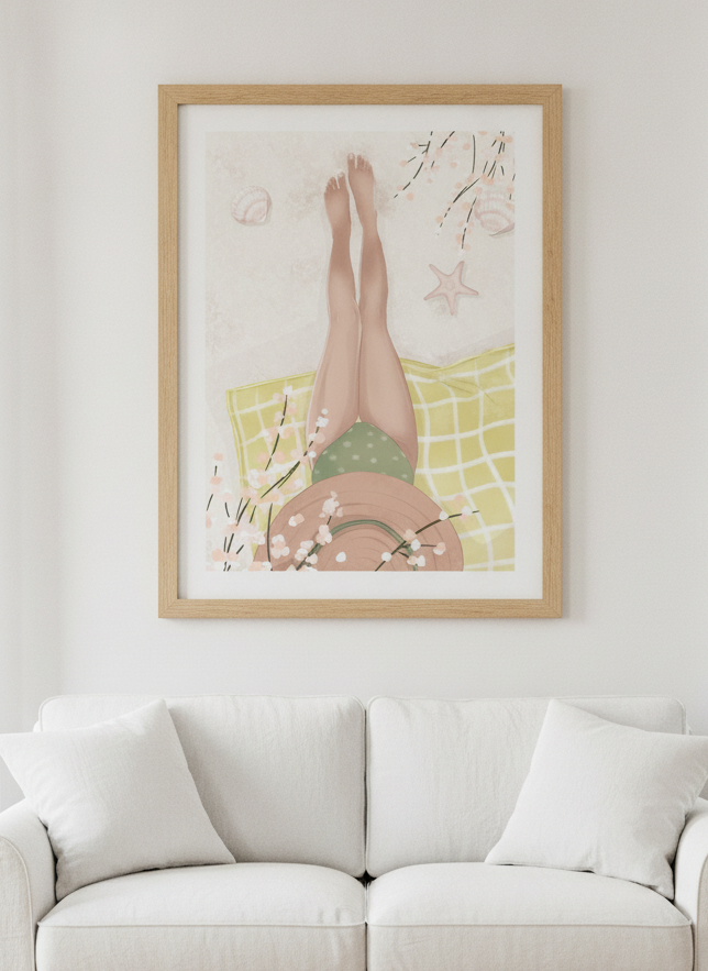 Modern wall art print styled on the wall in a coastal living room