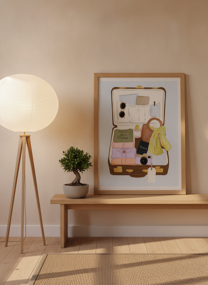 Modern wall art print standing on a bench in a warm Japandi home office