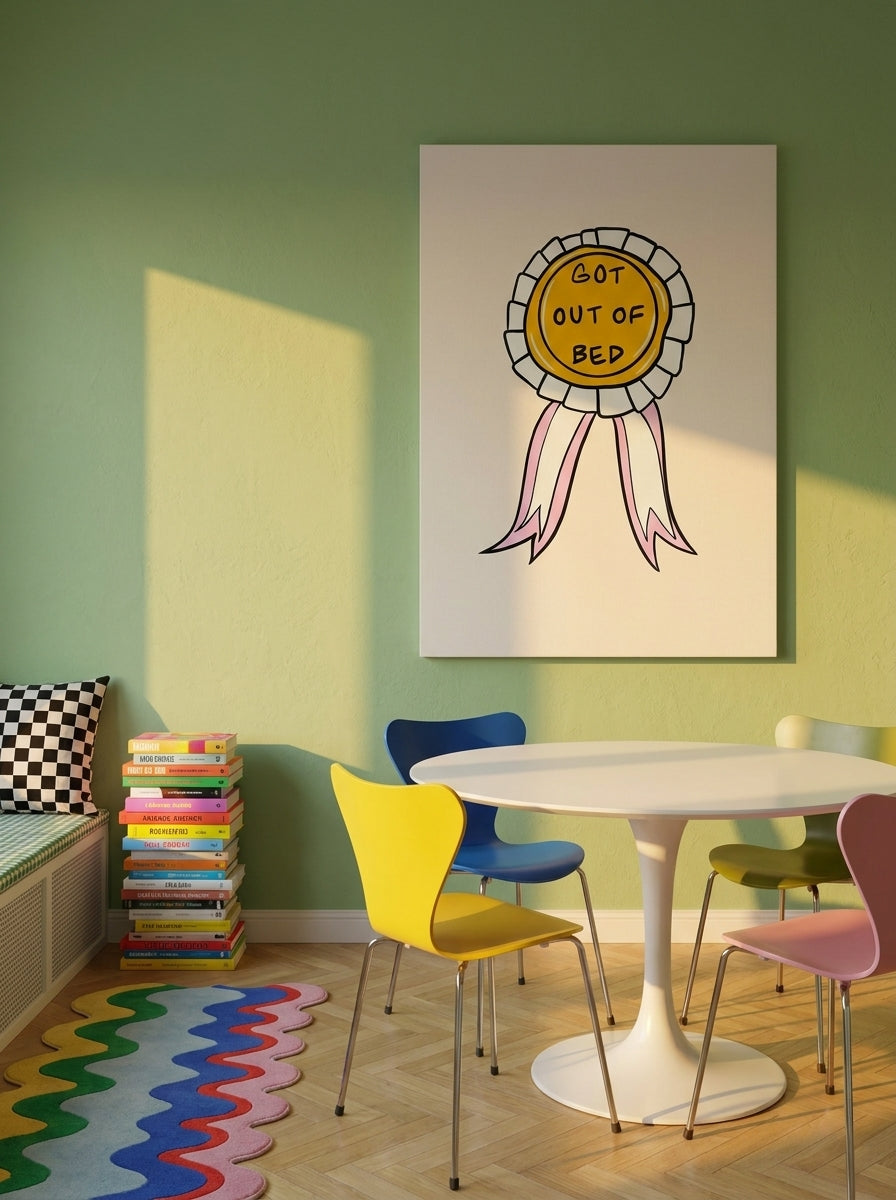 Stretched canvas wall art styled on the wall in a colourful eclectic dining room