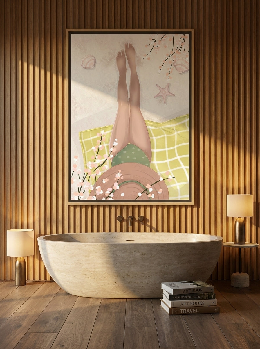 Canvas wall art with a natural timber surround styled on the wall in a luxe bathroom