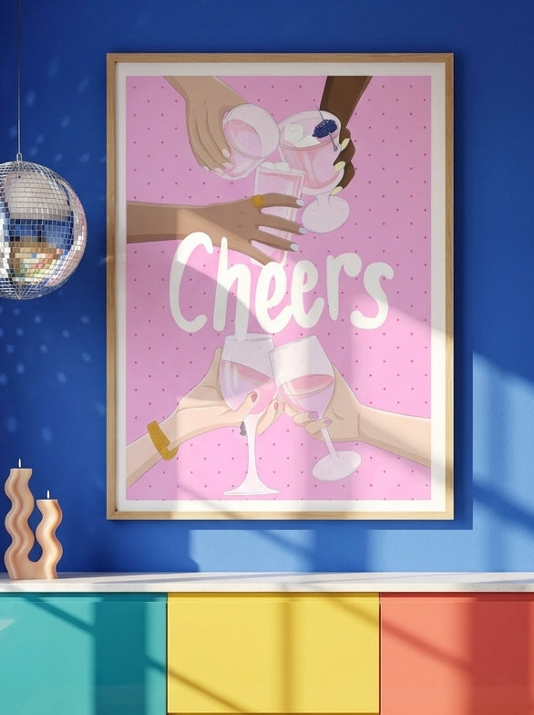 Modern wall art print styled on the wall in a colourful eclectic kitchen