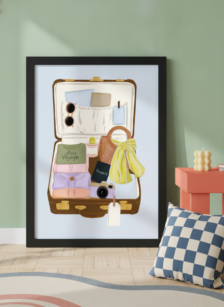Oversized statement modern wall art print leaning against the wall in a colourful eclectic living room
