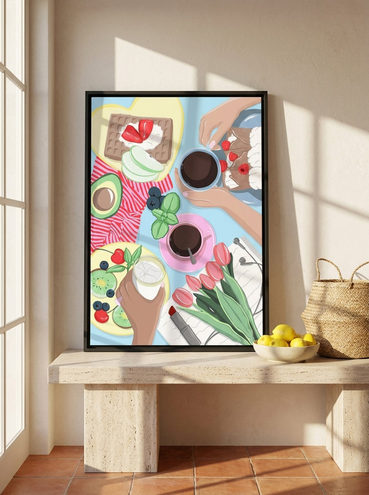 Canvas wall art with a black surround standing on a kitchen bench in a Mediterranean kitchen