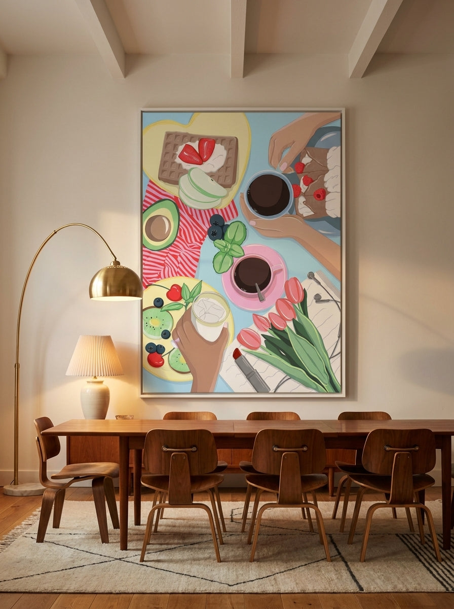 Oversized statement canvas wall art with a white surround styled on the wall in a mid-century dining room
