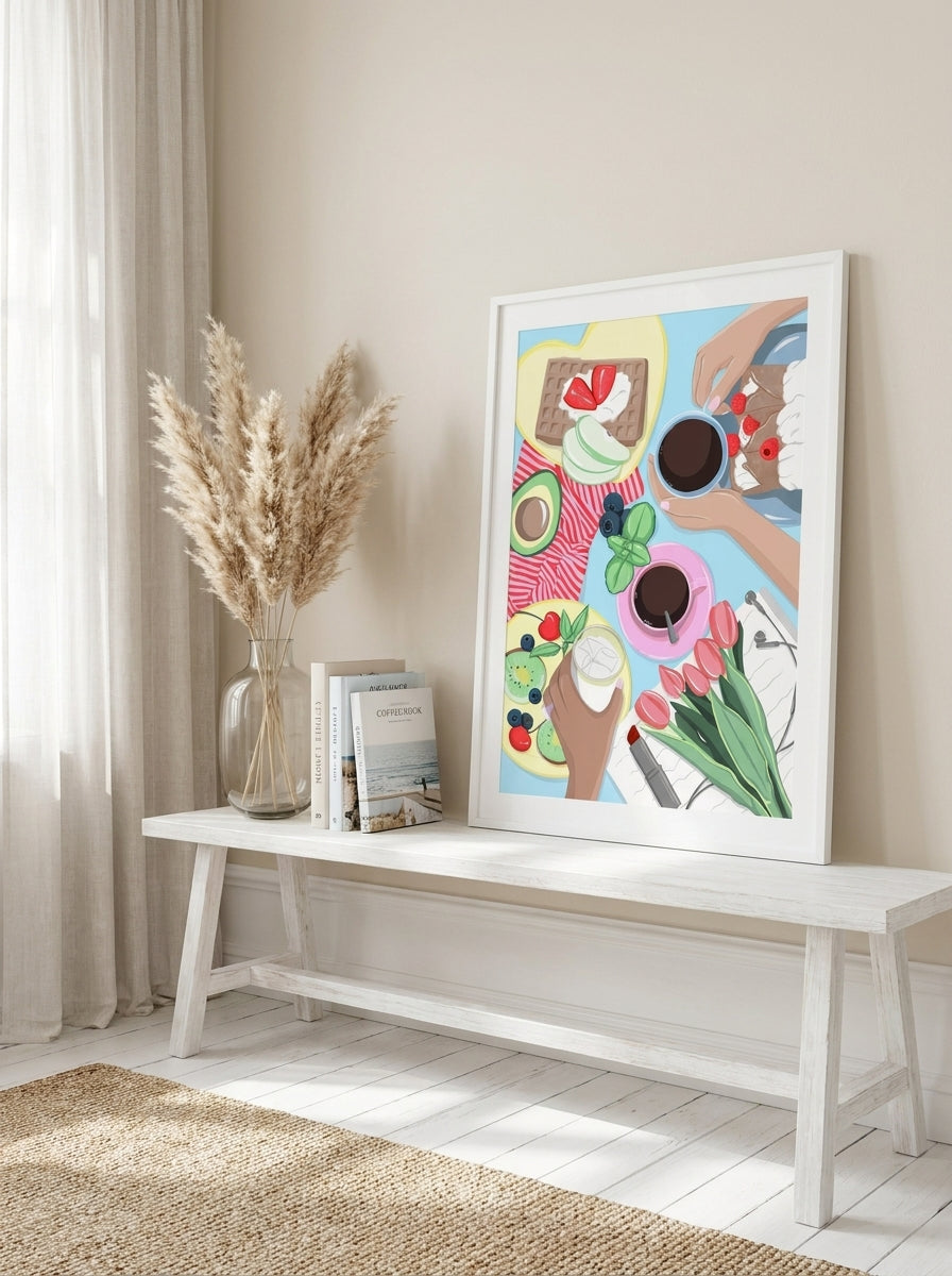 Modern wall art print standing on a console in a coastal living room
