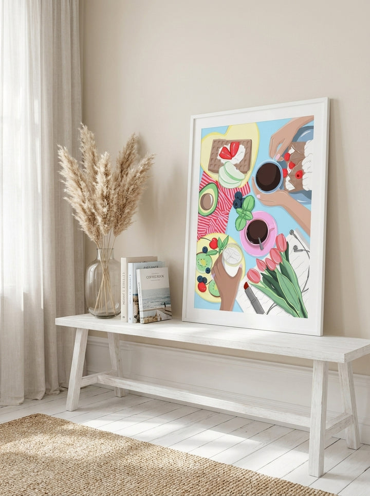 Modern wall art print standing on a console in a coastal living room