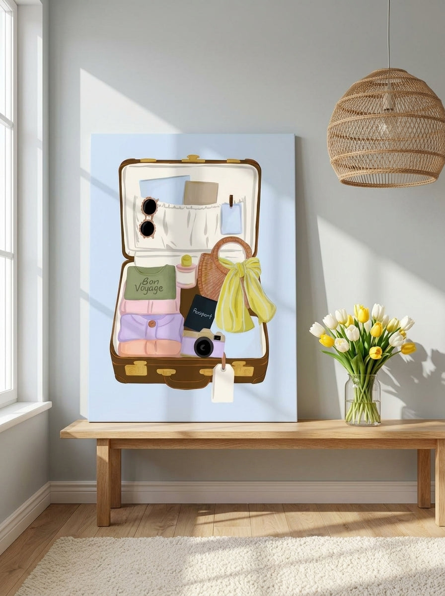 Stretched canvas wall art standing on a bench in a bright Scandinavian nursery