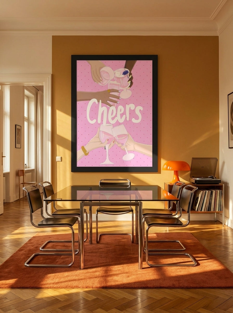 Oversized statement modern wall art print styled on the wall in a retro 70s dining room