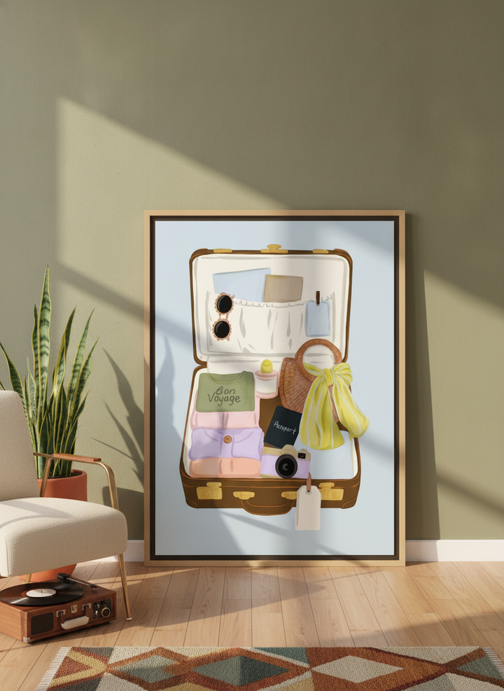 Oversized statement canvas wall art with a natural timber surround leaning against the wall in a mid-century living room