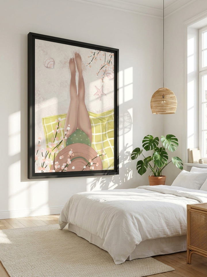 Oversized statement modern wall art print styled on the wall in a bright Scandinavian bedroom