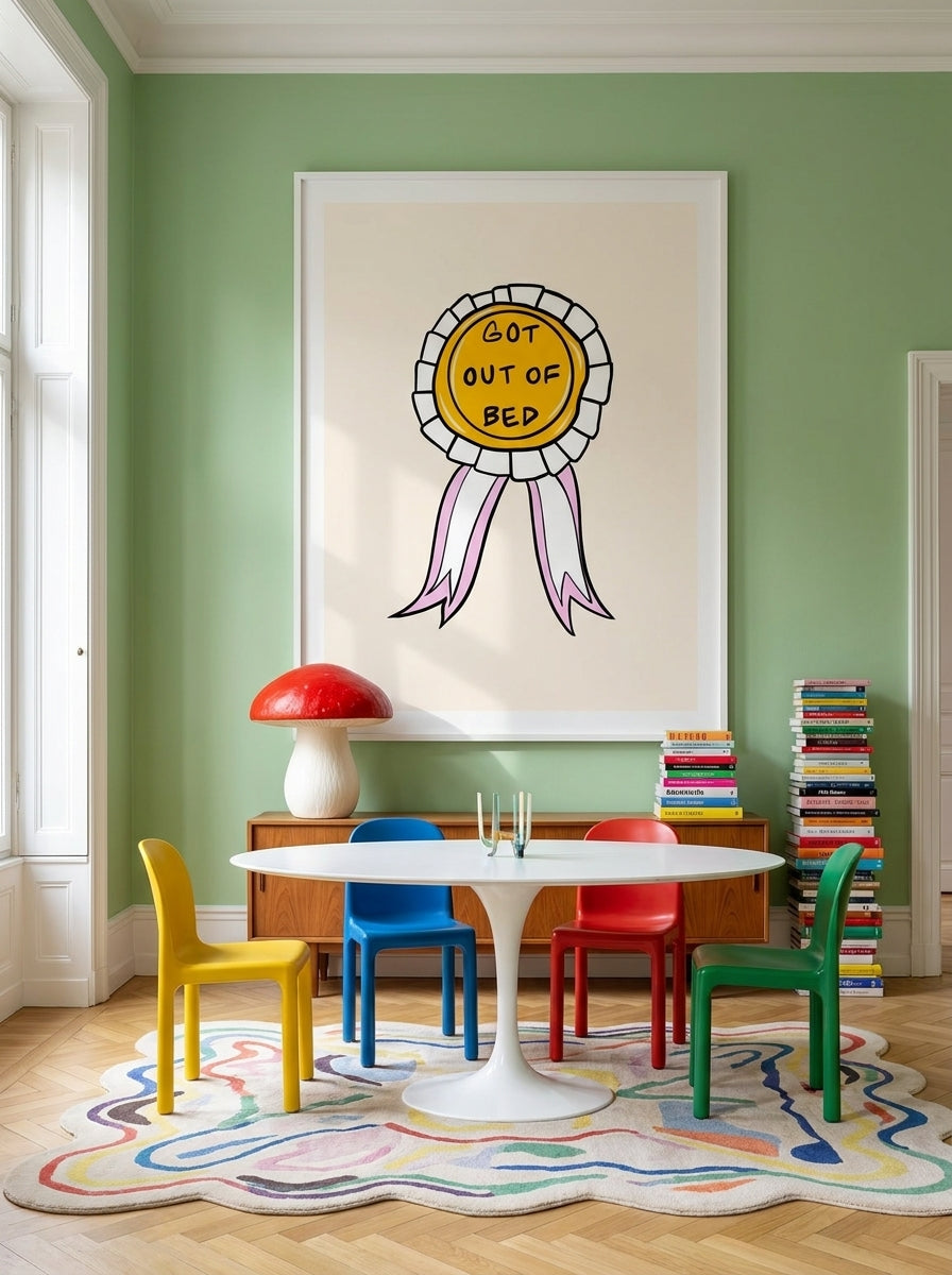Oversized statement modern wall art print styled on the wall in a colourful eclectic dining room