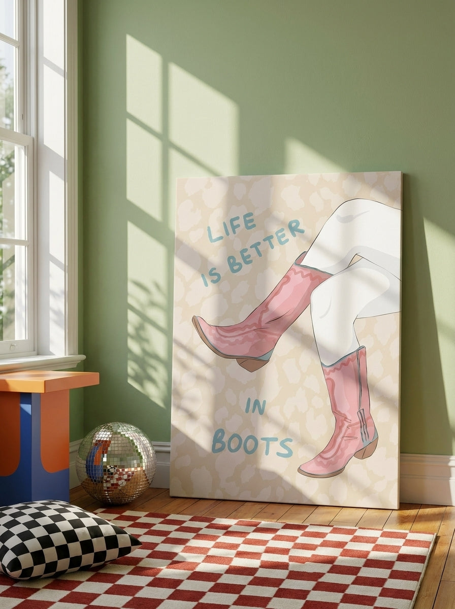 Stretched canvas wall art leaning against the wall in a colourful eclectic living room