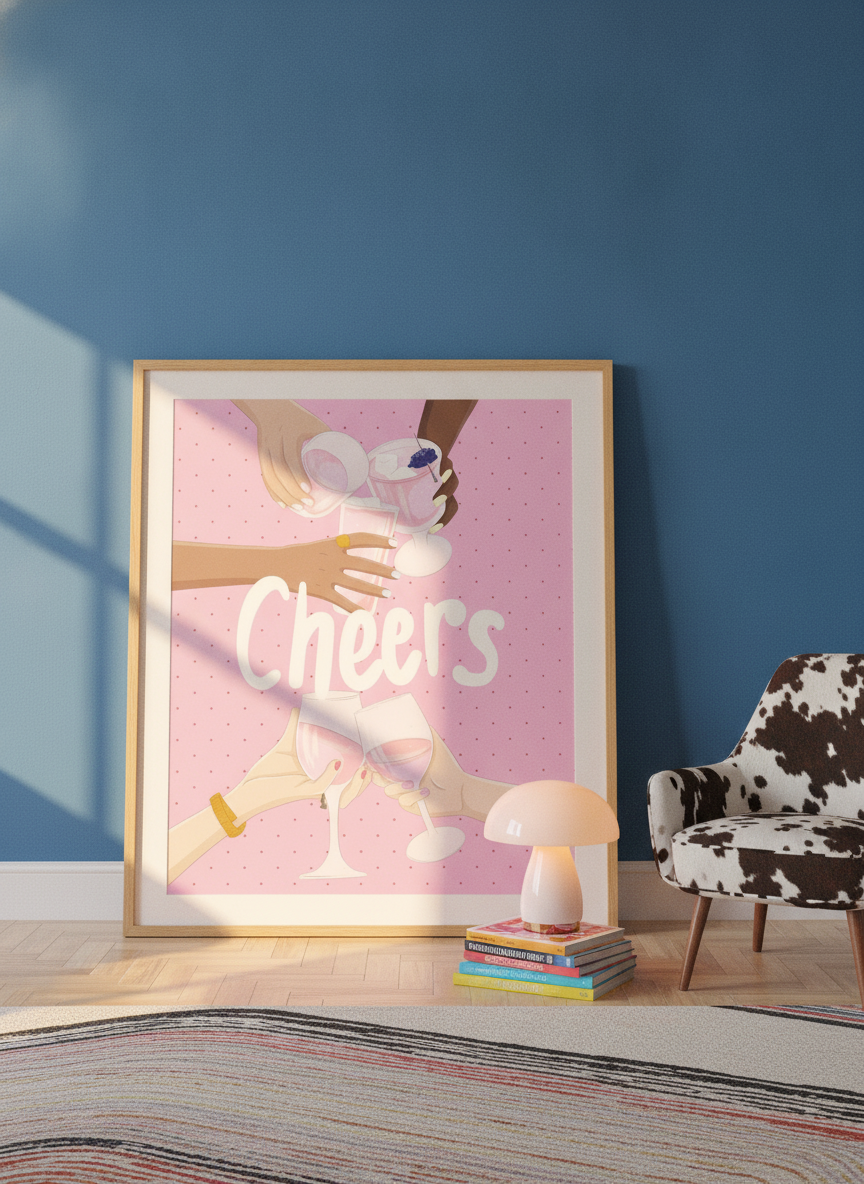 Oversized statement modern wall art print leaning against the wall in a colourful eclectic living room