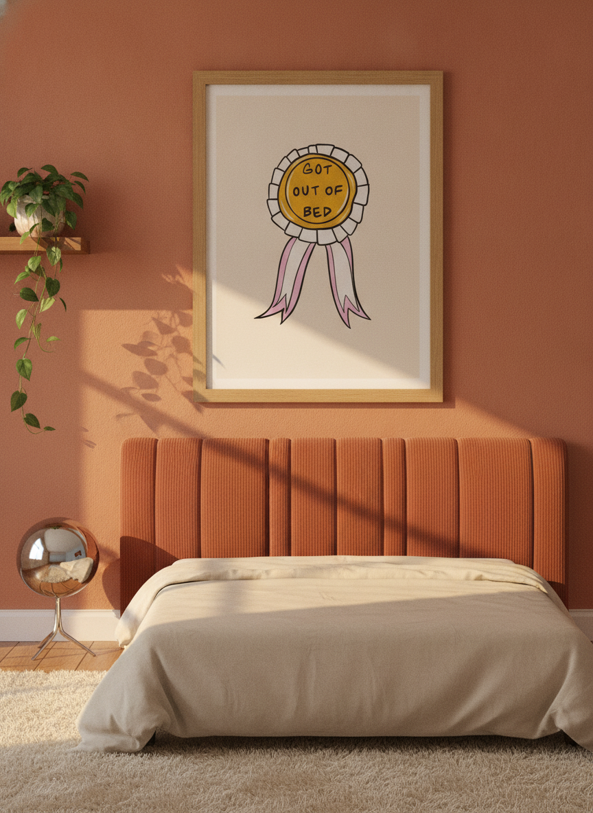 Modern wall art print styled on the wall in a retro 70s bedroom