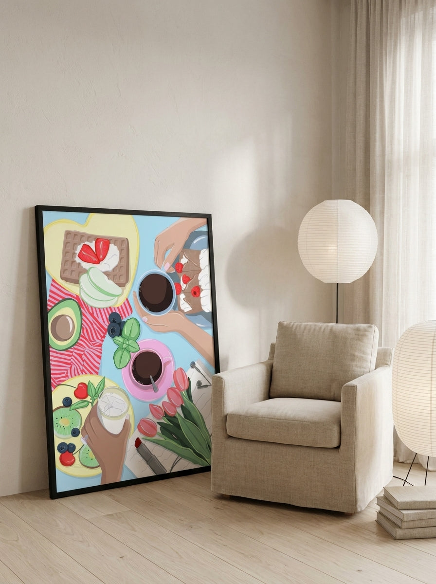 Modern wall art print leaning against the wall in a warm Japandi kitchen