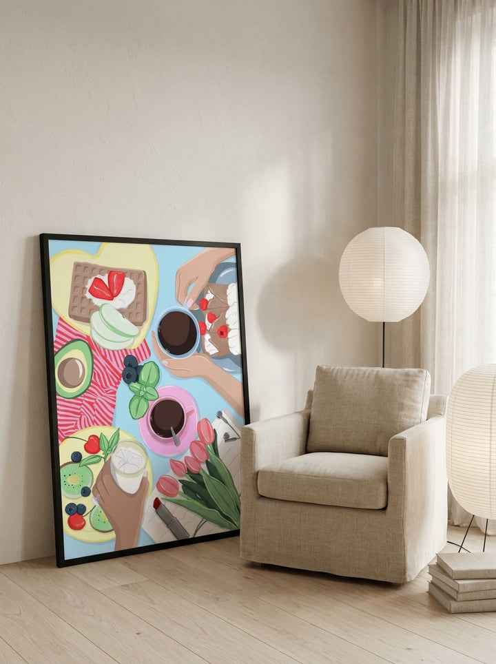 Modern wall art print leaning against the wall in a warm Japandi kitchen