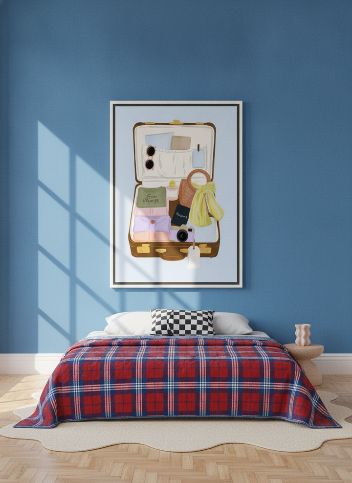 Oversized statement canvas wall art with a white surround styled on the wall in a colourful eclectic bedroom