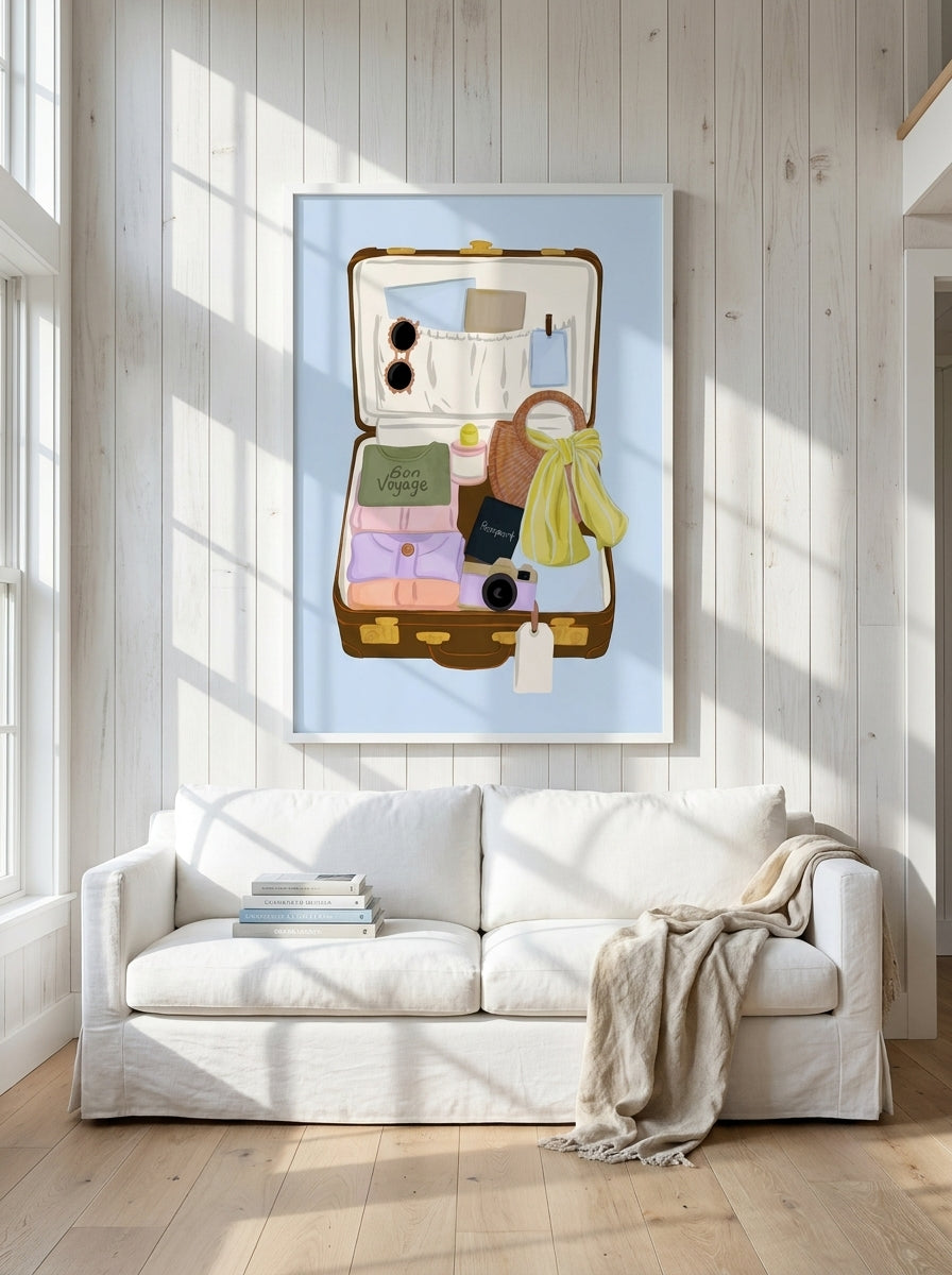 Oversized statement modern wall art print styled on the wall in a coastal living room