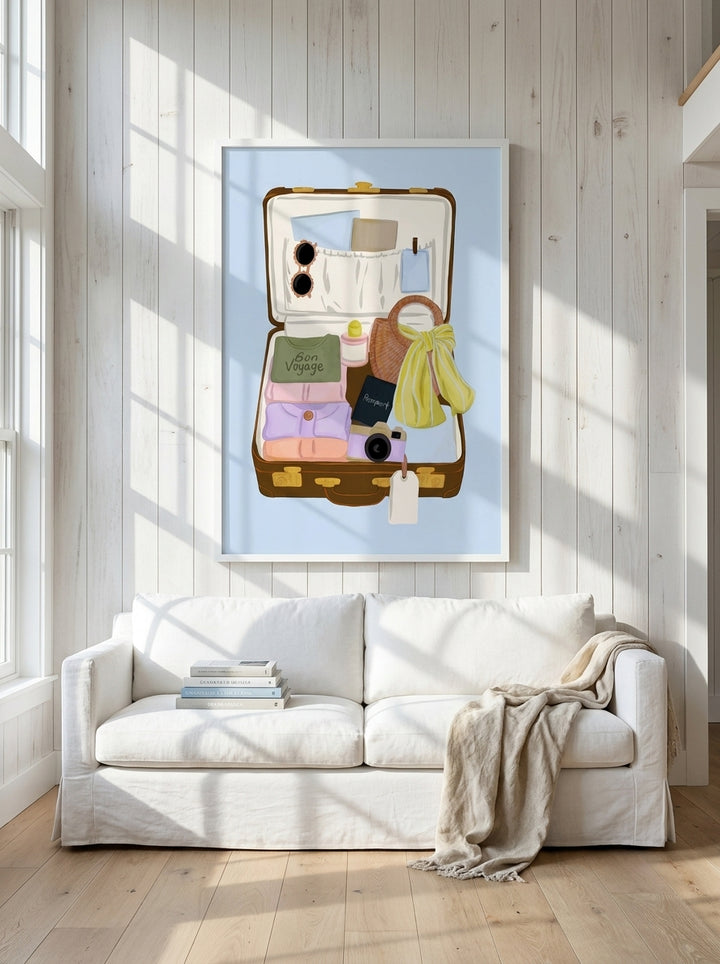 Oversized statement modern wall art print styled on the wall in a coastal living room