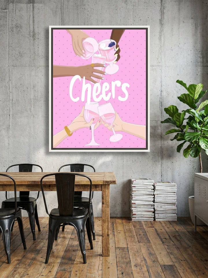 Oversized statement canvas wall art with a white surround styled on the wall in an industrial loft dining room