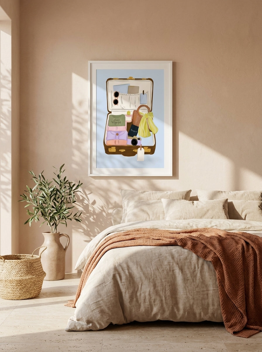 Modern wall art print styled on the wall in a Mediterranean bedroom