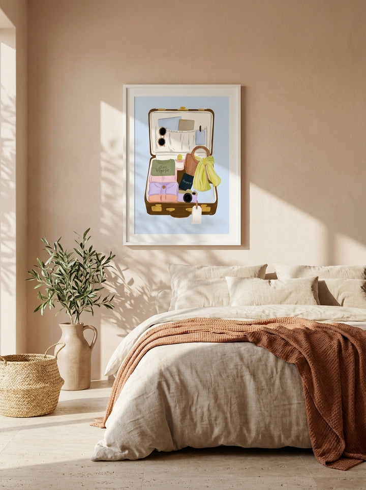 Modern wall art print styled on the wall in a Mediterranean bedroom