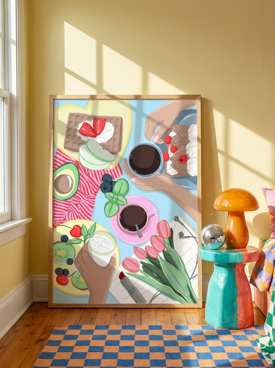 Oversized statement modern wall art print leaning against the wall in a colourful eclectic bedroom