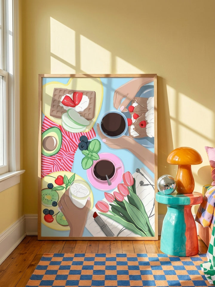 Oversized statement modern wall art print leaning against the wall in a colourful eclectic bedroom