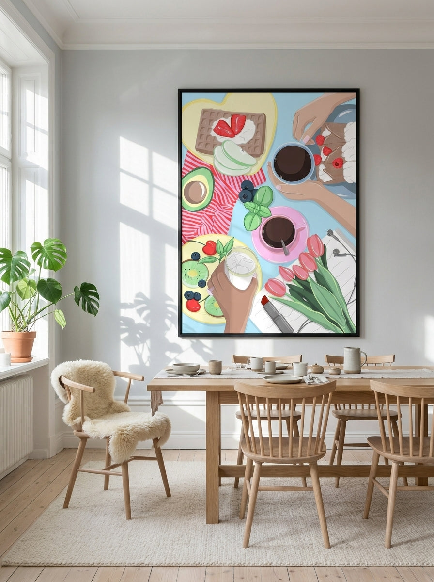 Oversized statement modern wall art print styled on the wall in a bright Scandinavian dining room