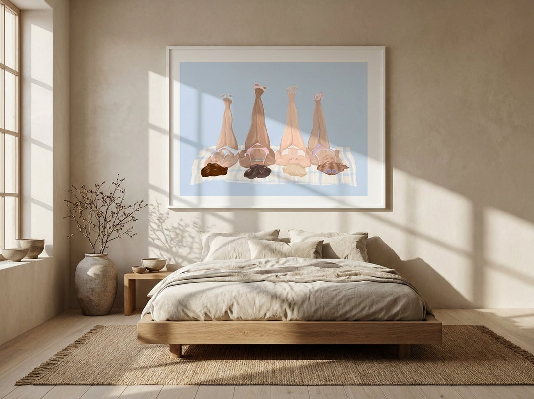 Oversized statement modern wall art print styled on the wall in a warm Japandi bedroom