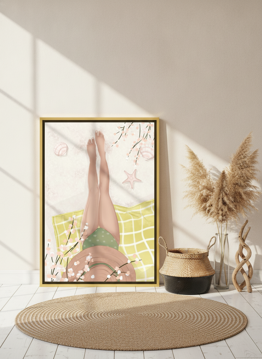 Canvas wall art with a gold leaf surround leaning against the wall in a coastal bedroom