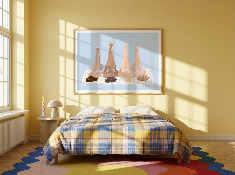 Modern wall art print styled on the wall in a colourful eclectic bedroom