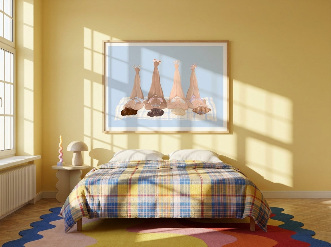 Modern wall art print styled on the wall in a colourful eclectic bedroom