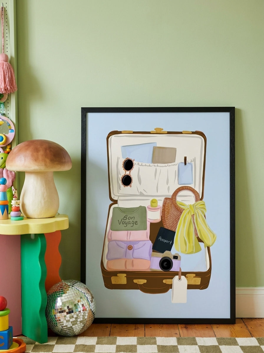 Modern wall art print leaning against the wall in a colourful eclectic nursery