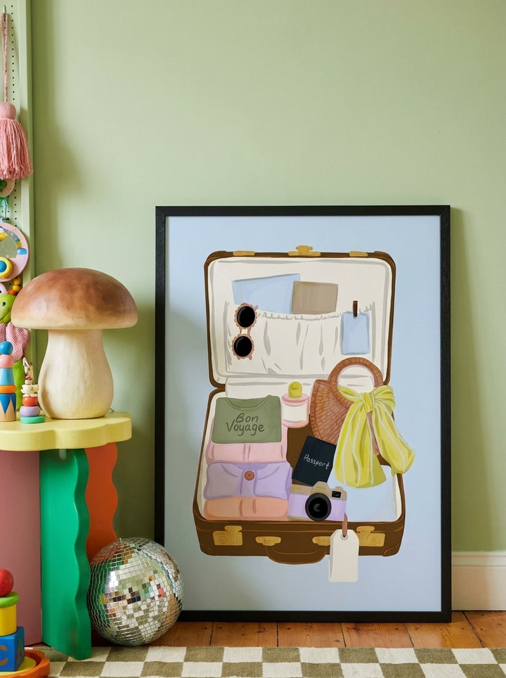 Modern wall art print leaning against the wall in a colourful eclectic nursery